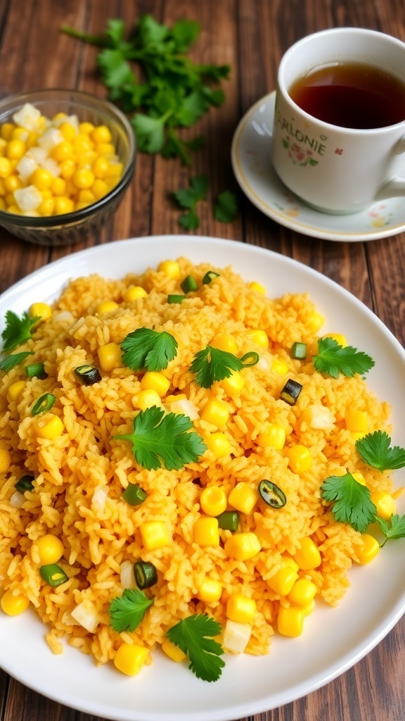 Spicy Corn Upma Recipe A colorful serving of corn upma with coriander, chilies, and onions on a rustic table with chutney and tea.
